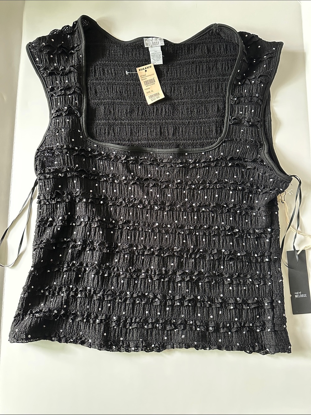 Black Smocked Tank with Ruffle Trim and Dot Embellishments